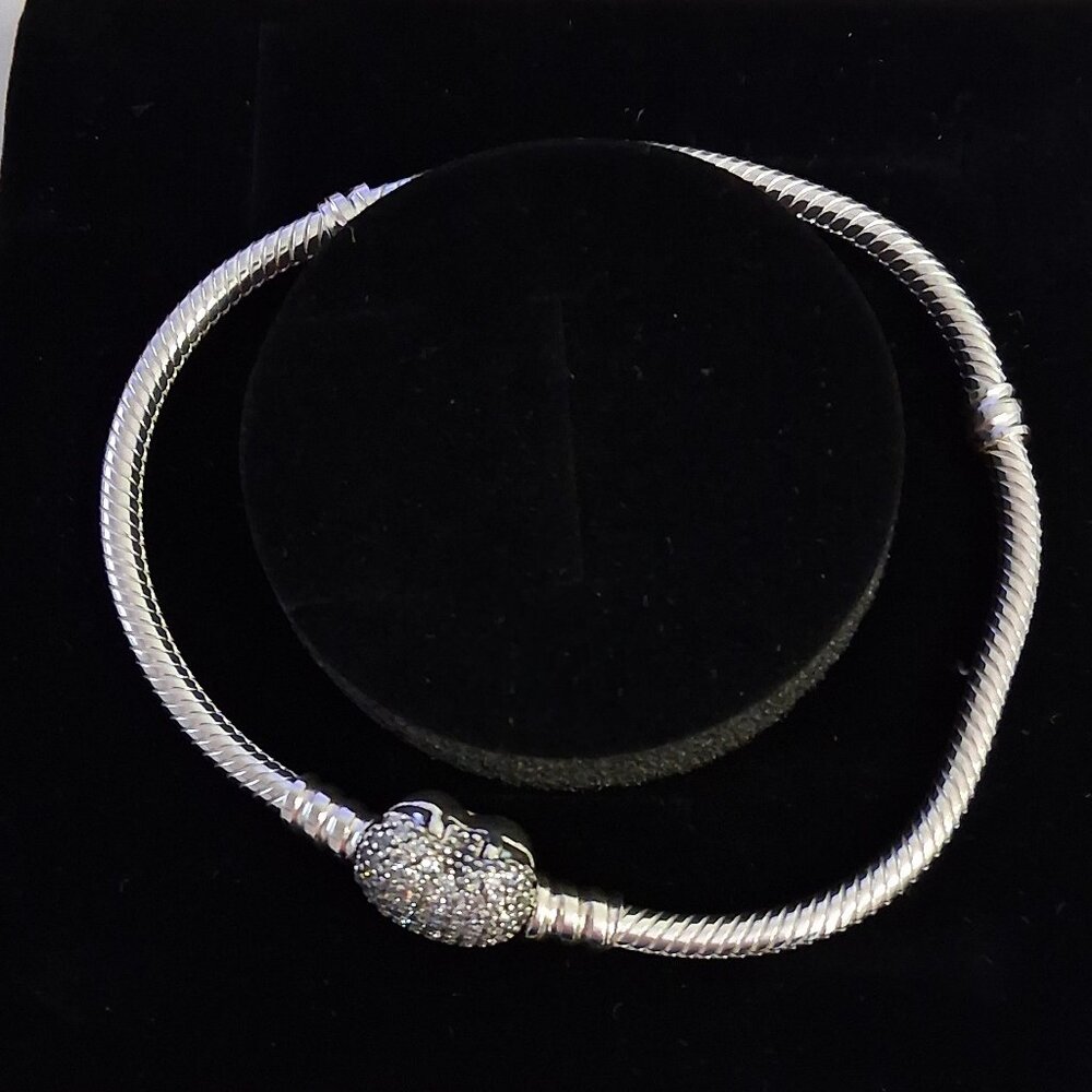 PANDORA Moments Sparkling Heart Clasp Snake Chain Charm Bracelet 7.5"